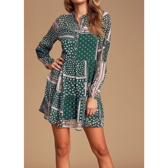 Lulus Women's Green Size Large Floral Print Chiffon Babydoll Dress No Liner Boho - Picture 1 of 9